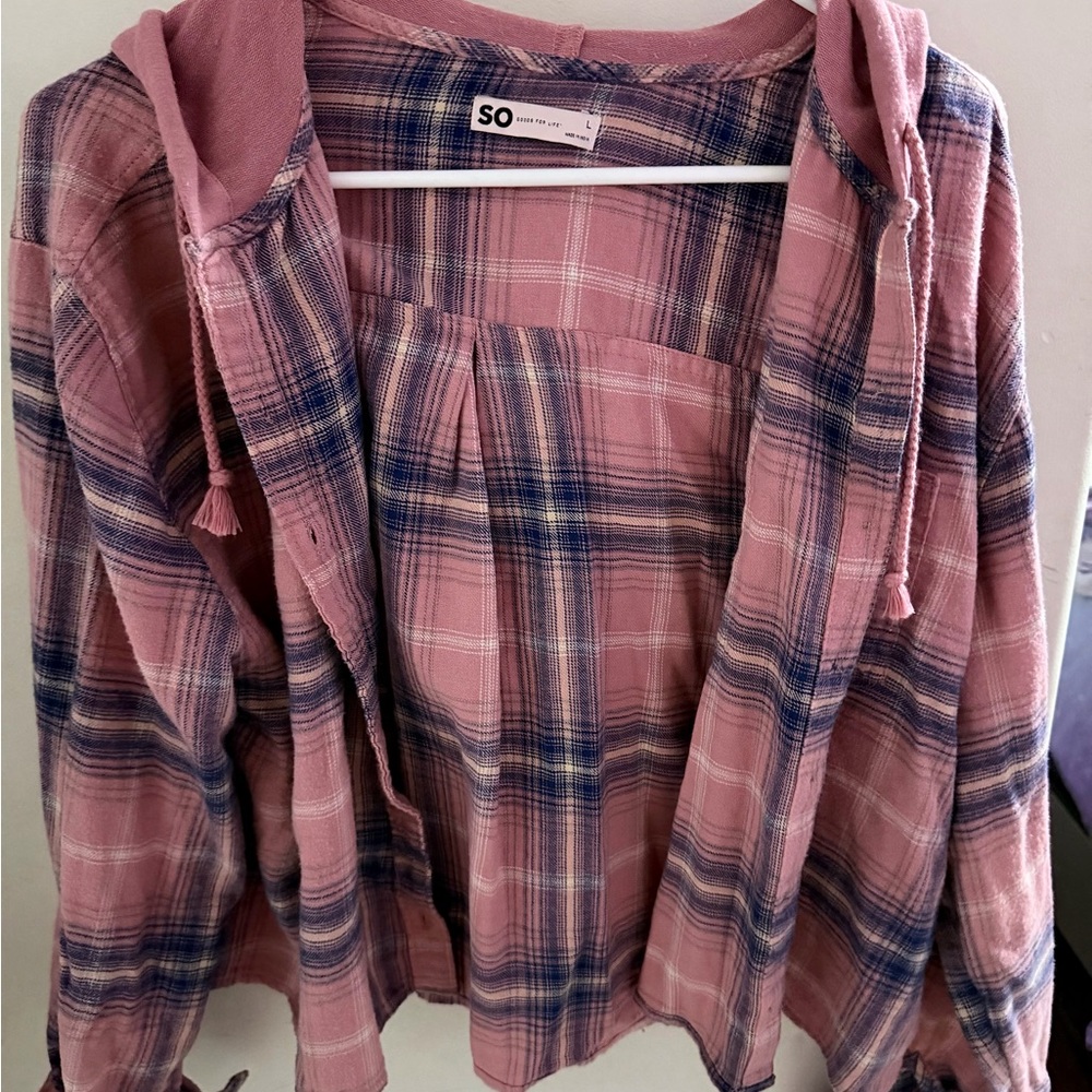 SO Pink and Blue Plaid Light Cropped Women’s Hoodie Drawstrings & Buttons